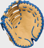 Rawlings baseball glove in tan leather with bright blue contrast stitching and lacing, shown against a light gray background.