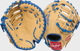 A pair of Rawlings baseball gloves shown from the front and back on a light gray background. The gloves are made of tan leather with bright blue contrast stitching and lacing, featuring the Rawlings logo.