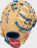 A Rawlings baseball glove in tan leather with bright blue laces and blue stitching, shown on a light gray background.