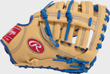 A Rawlings baseball glove in tan leather with bright blue laces and blue trim, shown against a light gray background.
