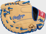 A Rawlings baseball glove in tan leather with bright blue laces and stitching, featuring the Rawlings logo embroidered in blue on the back of the hand.
