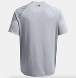 Gray t-shirt with a brand logo on the back against a white background