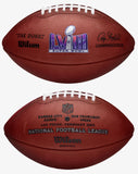 Two Wilson footballs, one with Super Bowl LVIII logo and the other with National Football League text.