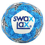 Blue sports ball with shark pattern and 'Swax Lax' branding on a white background