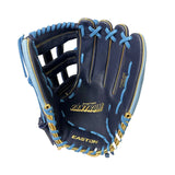 Baseball glove with blue and gold accents on a white background