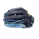 Baseball glove with blue accents on a white background