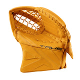Yellow goalie glove with 'TRUE' branding on a white background