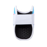 White protective gear with blue accents on a white background