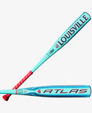 Teal and red bats with the words Louisville and Atlas on them on a white background