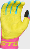 Yellow and pink glove with blue accents on a white background
