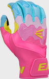Colorful glove with pink, blue, and yellow design on a white background