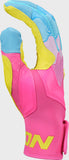 Colorful glove with pink, yellow, and blue accents on a gray background