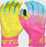 Pair of colorful gloves with pink and yellow design on a white background