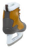 Grey and brown skate back view with white and silver blade.