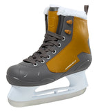Grey and brown skate upper with the brand name Winnwell on the quarter with white and silver blade.