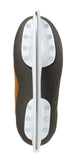 Lower view of a black skate outsole and a white skate holder and a silver skate blade