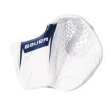 A white Bauer hockey goalie glove with navy and white branding, shown on a solid white background.