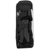 Black and gray hockey goalie leg pad on a white background