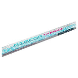 A CCM Ribcor Titanium ski boot blank with a metallic silver base, decorated with a blue and white feather pattern and pink 'TITANIUM' text, shown diagonally on a white background.