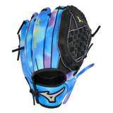 Blue and black baseball glove with Mizuno logo on a white background