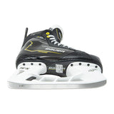 A single Bauer LB+ hockey skate boot in black and white with yellow accents, shown from a side profile view against a plain white background.