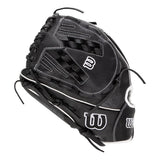 Black baseball glove with white accents on a white background