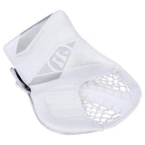 A white youth goalie catch glove with a silver-gray geometric logo design on the upper portion and a white mesh pocket on the lower right, shown against a plain white background.