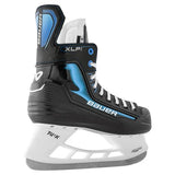A single Bauer X-LP1 ice skate boot in black, blue, and white, shown from a back angle on a solid white background.