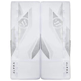 A hockey goalie pad shown from the front, featuring white and gray padded panels, white plastic shell, and white straps with reflective detailing.