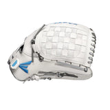 White baseball glove with blue accents on a white background