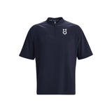 Navy polo shirt with a logo on a white background