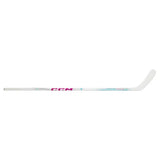 A white CCM hockey stick shown horizontally against a plain white background, featuring pink CCM branding and light blue text.
