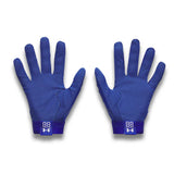 Pair of blue gloves with a brand logo on a white background
