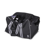 A black duffel bag with white piping and white drawstring details, shown open with folded clothing inside, on a plain white background.