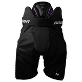 Bauer hockey leg guards in black with purple interior lining and white branding, shown against a plain white background.