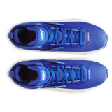 Pair of blue athletic shoes with brand logo on a white background