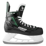 Side view of a black and green skate with Bauer across the side on a white background