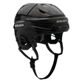 A black Bauer hockey helmet with white logo branding on the side, shown from a three-quarters angle against a plain white background.