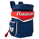 Blue, red, white hockey glove bag on a white background