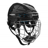 Black hockey helmet with cage and Bauer branding on a white background