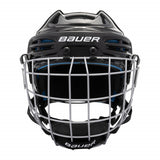 Black hockey helmet with cage on a white background, featuring the Bauer logo.