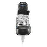 Hockey skate with white laces and black and gray design on a white background