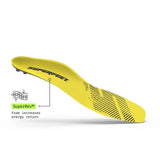 Yellow shoe insert with 'Superfeet' branding on a white background