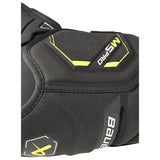 Black protective elbow pad with brand logos on a white background