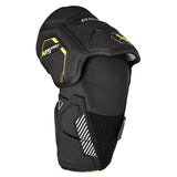 Black protective elbow pad with yellow accents on a white background