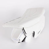A white hockey goalie pad with black 'TRUE' branding on the side, shown against a plain white background.