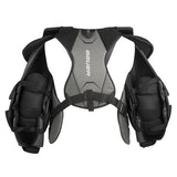 Back of a Bauer GSX hockey chest protector in black and gray with blue interior lining, shown against a plain white background.