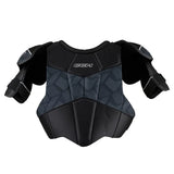 CCM hockey shoulder pad in black and dark gray, featuring a geometric pattern on the front chest and the CCM logo on the upper left chest.
