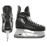 Black hockey skate with white laces on a white background