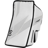 White hockey goalie leg pad with black accents and 'Warrior' branding on a white background
